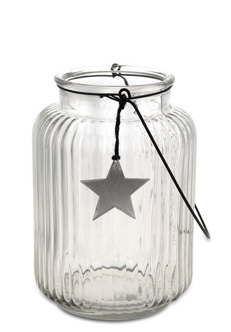 Γυάλινο Φανάρ με χερούλι,ι ριγέ σχεδιο, διάφανο,25cm