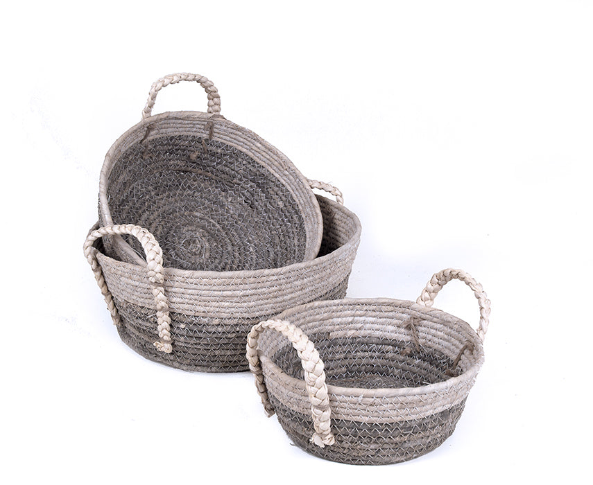 Στρογγυλά ψάθινα καλάθια Σετ 3 τεμ. σε γκρι + μπλε 20/24/28cm
