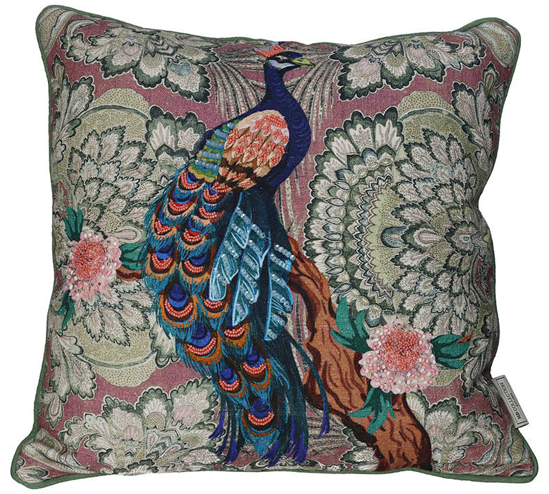 Μαξιλάρι σχ.παγώνι με ρέλι & χάντρες, ροδί χρ., 45x45cm