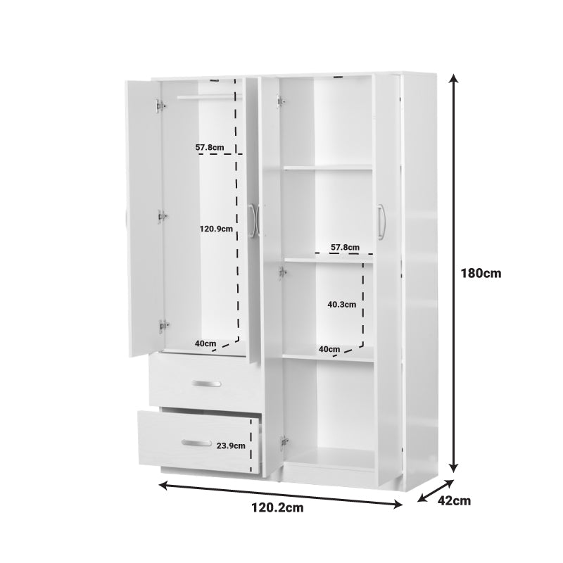Ντουλάπα ρούχων τετράφυλλη Zelia pakoworld με 2 συρτάρια σε λευκή απόχρωση 120x42x180εκ