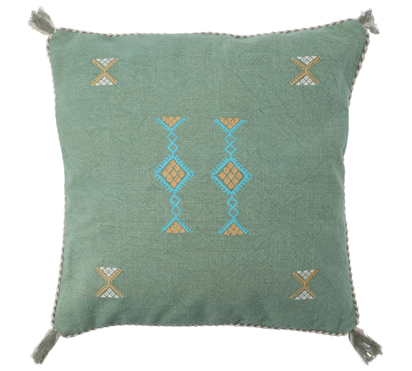 Μαξιλάρι με κεντημα & φουντίτσες προπλυμένο πράσινο,45x45cm
