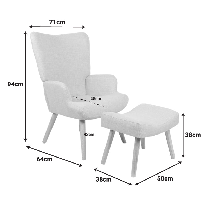 Πολυθρόνα-μπερζέρα με υποπόδιο Gerlina pakoworld γκρι-μπεζ ύφασμα με πόδι σε φυσική απόχρωση 71x64x9