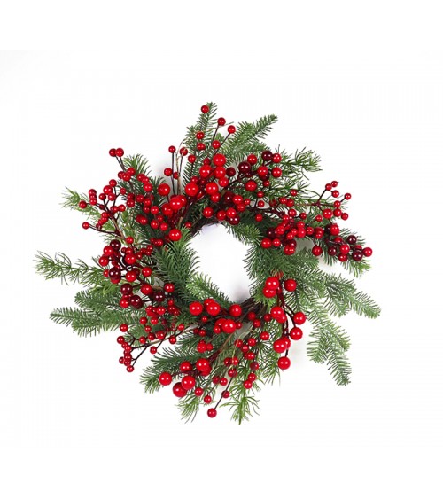 HOMEGURU-MS650 Στεφάνι κόκκινα berries & κλαδιά έλατου (P.E) Δ.46cm