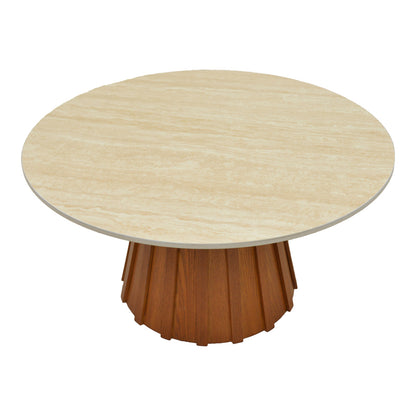 Τραπέζι σαλονιού Franzel pakoworld sintered stone σε όψη τραβερτίνας-mdf σε καρυδι Φ80x40εκ