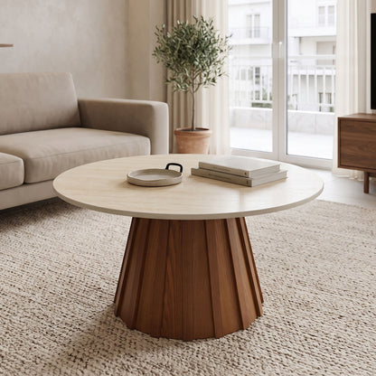 Τραπέζι σαλονιού Franzel pakoworld sintered stone σε όψη τραβερτίνας-mdf σε καρυδι Φ80x40εκ