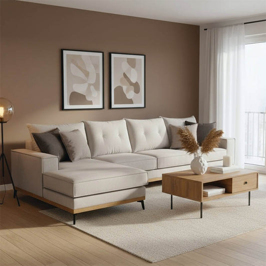 Γωνιακός καναπές δεξιά γωνία Luxury II pakoworld ύφασμα cream-mocha 290x235x95εκ