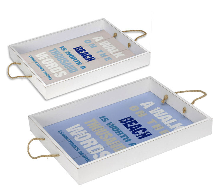 Ξύλινος Δίσκος με Σχοινί & Summer Print σε Λευκό & Μπλε σετ/2