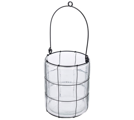 Γυάλινο κηροπήγιο/φανάρι με συρμάτινο πλέγμα 12,5cm
