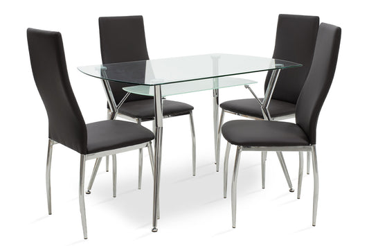 Τραπεζαρία Jacob-Jella pakoworld σετ 5τμχ διάφανο γυαλί-κάθισμα μαύρο pu 120x75x75.5εκ