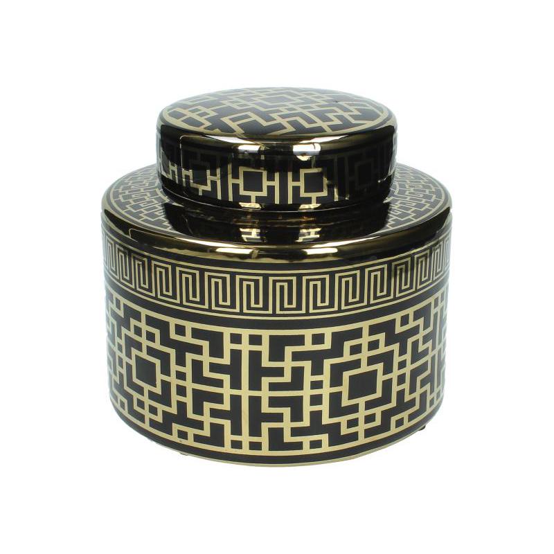 Δοχείο με καπάκι από μαύρη πορσελάνη & επίχρυσο σχ. 20x18cm