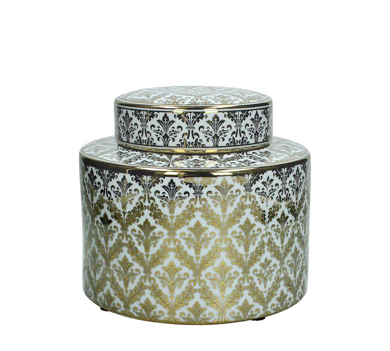 Δοχείο με καπάκι από μαύρη πορσελάνη & επίχρυσο-ασημί σχέδιο 20x18cm