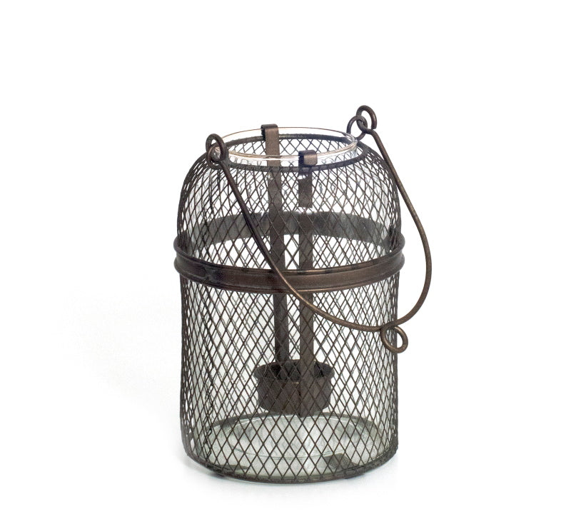 Γυάλινο φανάρι με μεταλλικό πλέγμα, μπρονζέ χρ.,18,5cm