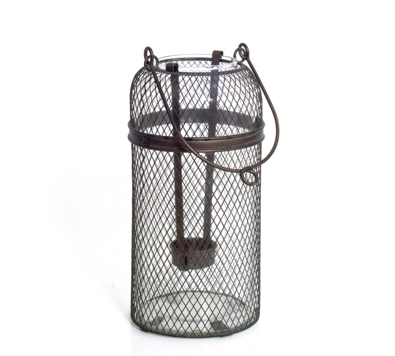 Γυάλινο φανάρι με μεταλλικό πλέγμα, μπρονζέ χρ.,, 25,5cm