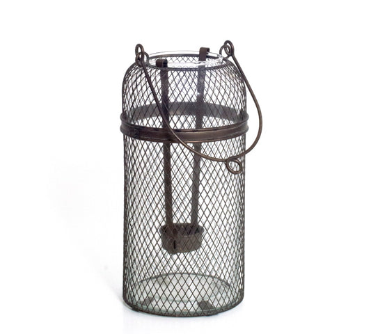 Γυάλινο φανάρι με μεταλλικό πλέγμα, μπρονζέ χρ.,, 25,5cm