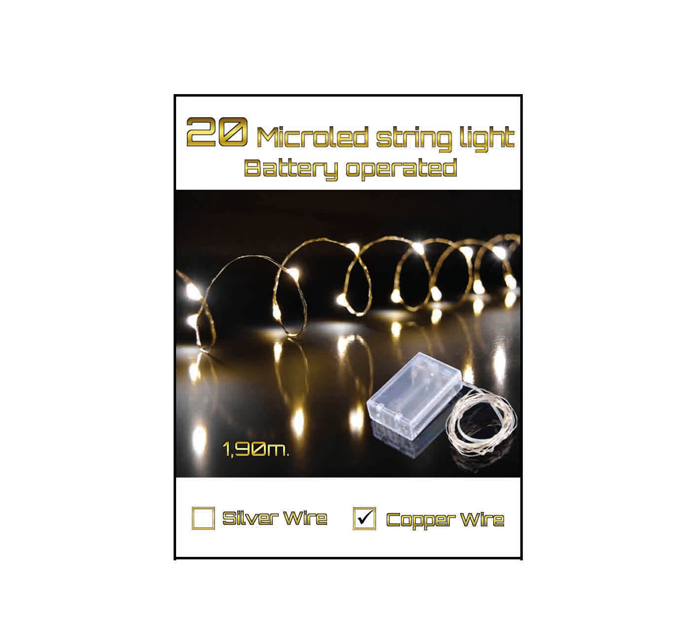 20 Microled μπαταρίας σε σειρά 30cm + 190cm, Θερμό Λευκό/Χάλκινο
