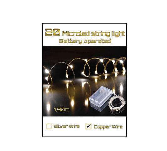 20 Microled μπαταρίας σε σειρά 30cm + 190cm, Θερμό Λευκό/Χάλκινο