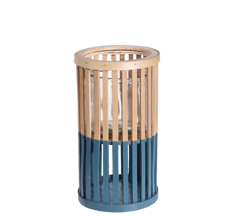 Ξύλινο κυλινδρικό φανάρι φυσικό/μπλε, 16x30cm