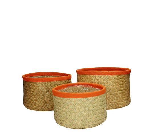 Σετ/3 καλάθια seagrass με πορτοκαλί τρέσα,27x13cm