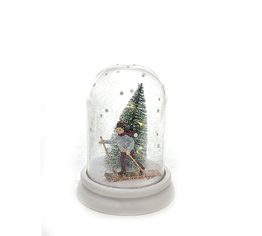 Σκιέρ με φωτιζόμενο έλατο σε γυάλινη καμπάνα,15cm