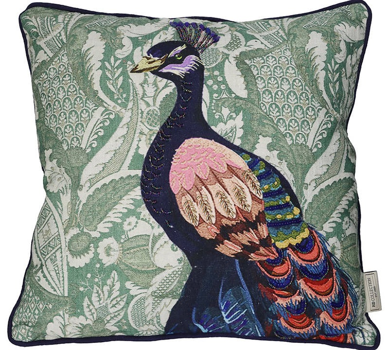 Μαξιλάρι σχ.παγώνι με ρέλι & χάντρες πράσινο χρ., 45x45cm