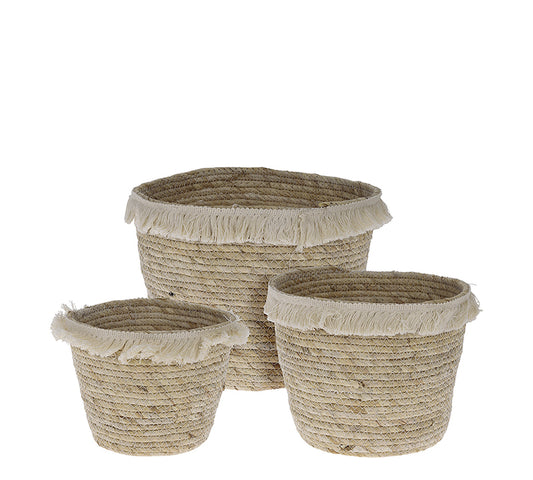 Σ/3 Ψάθινα καλάθια με κρόσσια, φυσικό χρ.,14/17/20cm