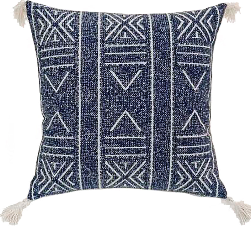 Μαξιλαρι cotton με φουντίτσες, εθνικ σχ.,μπλε,50x50cm