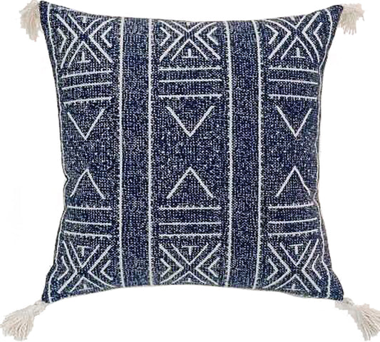 Μαξιλαρι cotton με φουντίτσες, εθνικ σχ.,μπλε,50x50cm