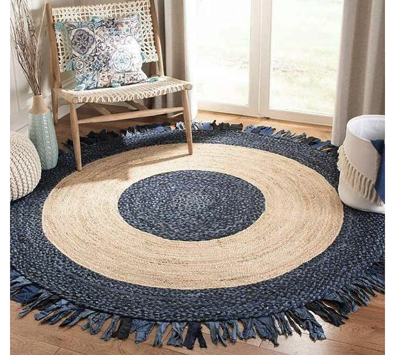 Στρογγυλό χαλί από γιούτα & chindi, φυσικό/μπλε, Δ.150cm