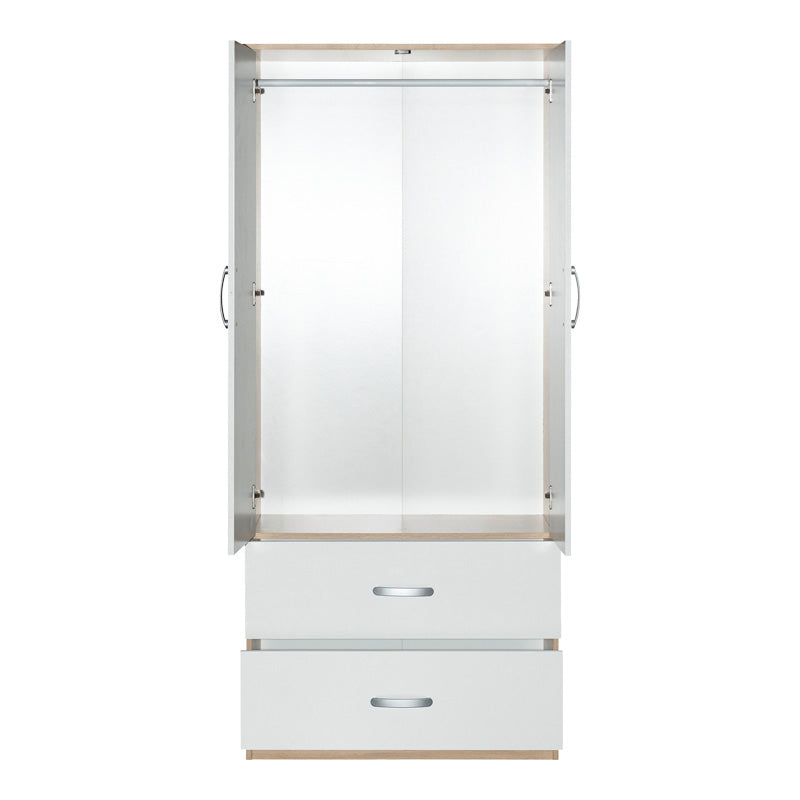 Ντουλάπα ρούχων δίφυλλη Zelia pakoworld με 2 συρτάρια σε λευκή με oak απόχρωση 79x42x180εκ