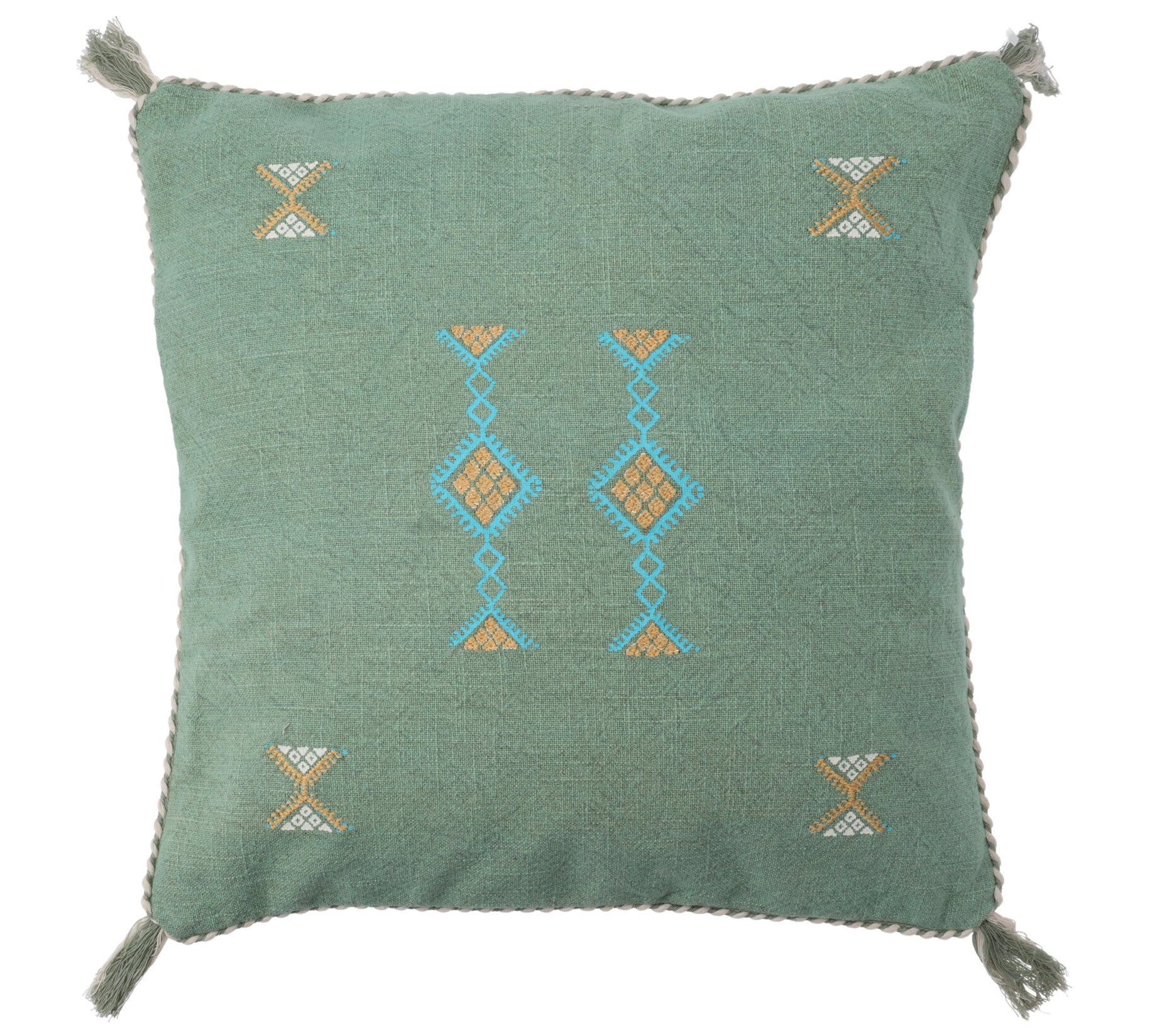 Μαξιλάρι με κεντημα & φουντίτσες προπλυμένο πράσινο,45x45cm