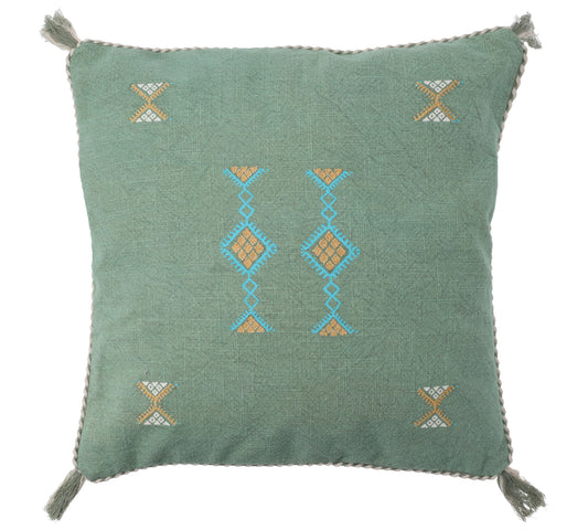 Μαξιλάρι με κεντημα & φουντίτσες προπλυμένο πράσινο,45x45cm