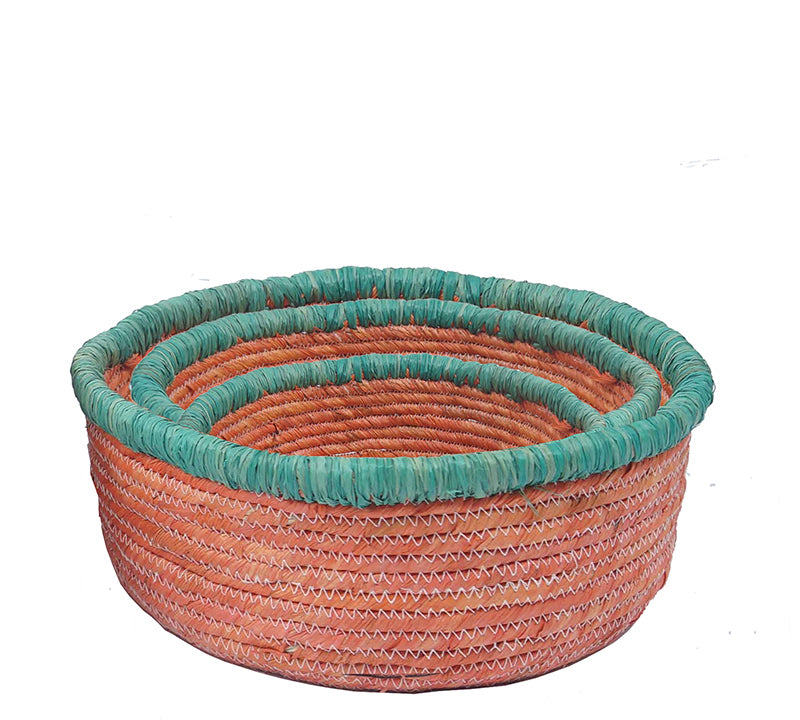 Καλάθι Σετ 3τεμ. από καλαμιά κοράλι χρ.,δ.24/29/34cm