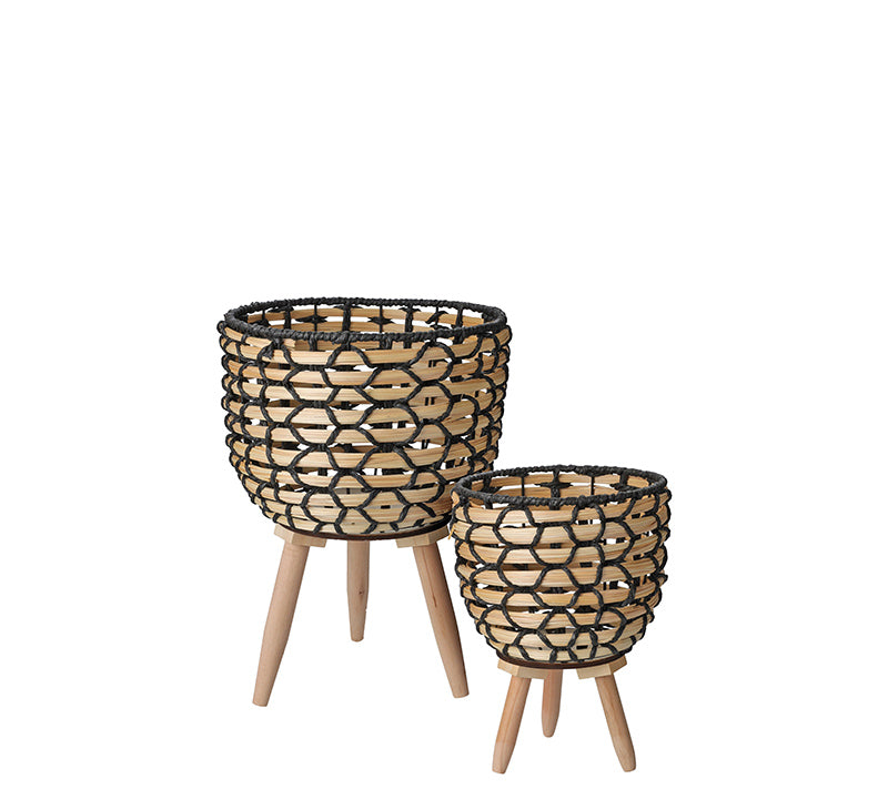Ψάθινο κασπό με ξυλινο ποδι σετ. 2τεμ.,20.5/26cm