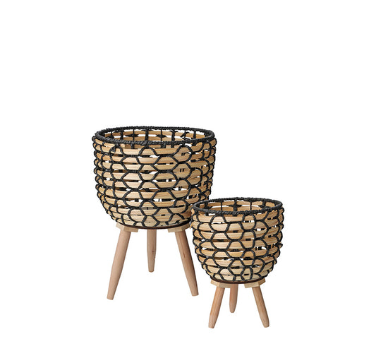 Ψάθινο κασπό με ξυλινο ποδι σετ. 2τεμ.,20.5/26cm