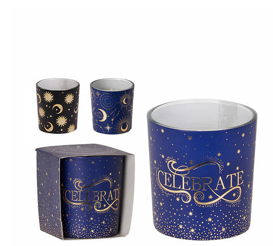 Αρωμ.κερί σε γυαλί 7x7,5cm, μπλε/χρυσό ντεκορ.
