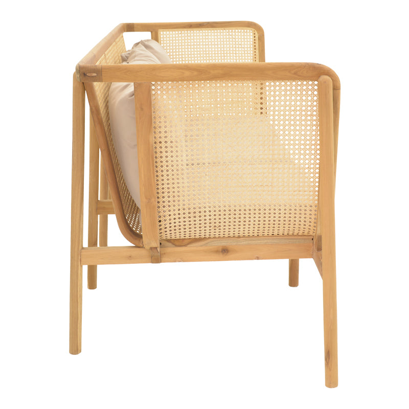 Καναπές τριθέσιος Jenta pakoworld teak ξύλο με rattan σε φυσική απόχρωση και μπεζ μαξιλάρι 203x67x92εκ