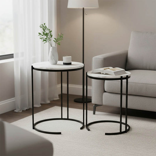 Boηθητικά τραπέζια σαλονιού σετ 2τεμ Luxere Inart μαύρο μέταλλο-λευκό μαρμάρου