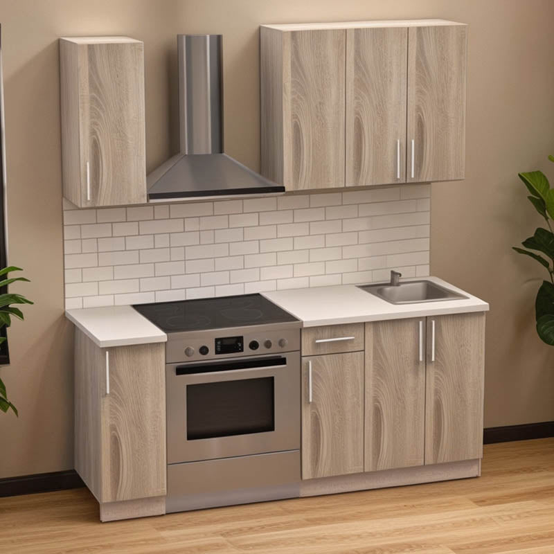 Σύνθεση κουζίνας Festa II pakoworld μελαμίνη σε sonoma απόχρωση και πάγκο σε ανοιχτό γκρι 120x60x85ε