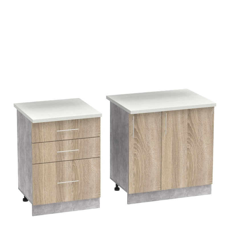 Σύνθεση κουζίνας Festa III pakoworld μελαμίνη σε sonoma απόχρωση και πάγκο σε ανοιχτό γκρι 140x60x85