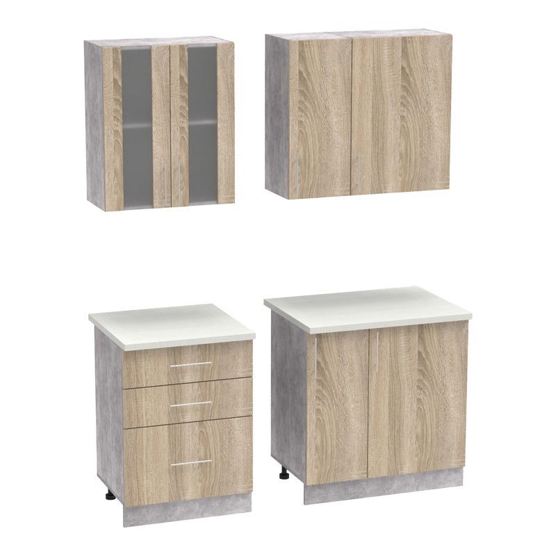 Σύνθεση κουζίνας Festa III pakoworld μελαμίνη σε sonoma απόχρωση και πάγκο σε ανοιχτό γκρι 140x60x85