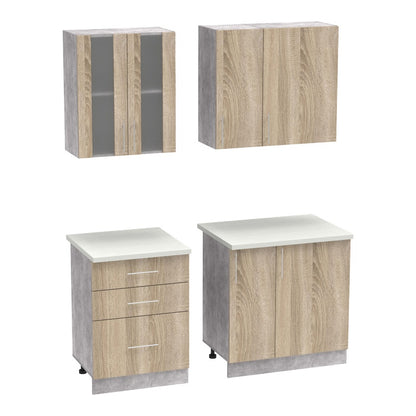 Σύνθεση κουζίνας Festa III pakoworld μελαμίνη σε sonoma απόχρωση και πάγκο σε ανοιχτό γκρι 140x60x85