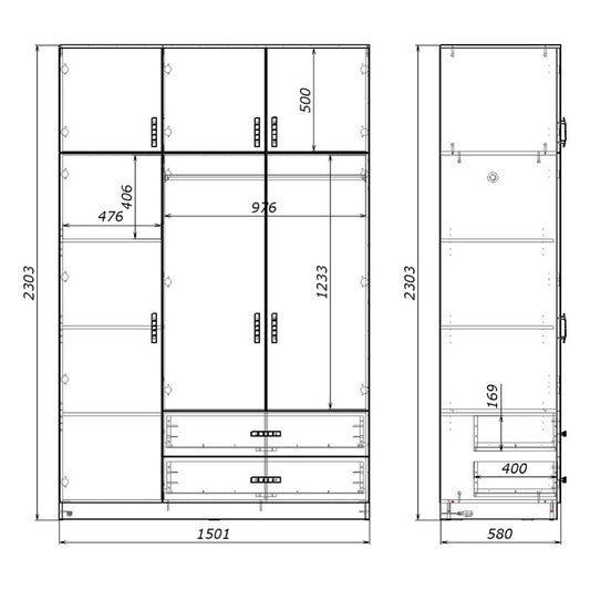 Ντουλάπα τρίφυλλη με συρτάρια Royal pakoworld σε ανθρακί απόχρωση 150x58x230εκ