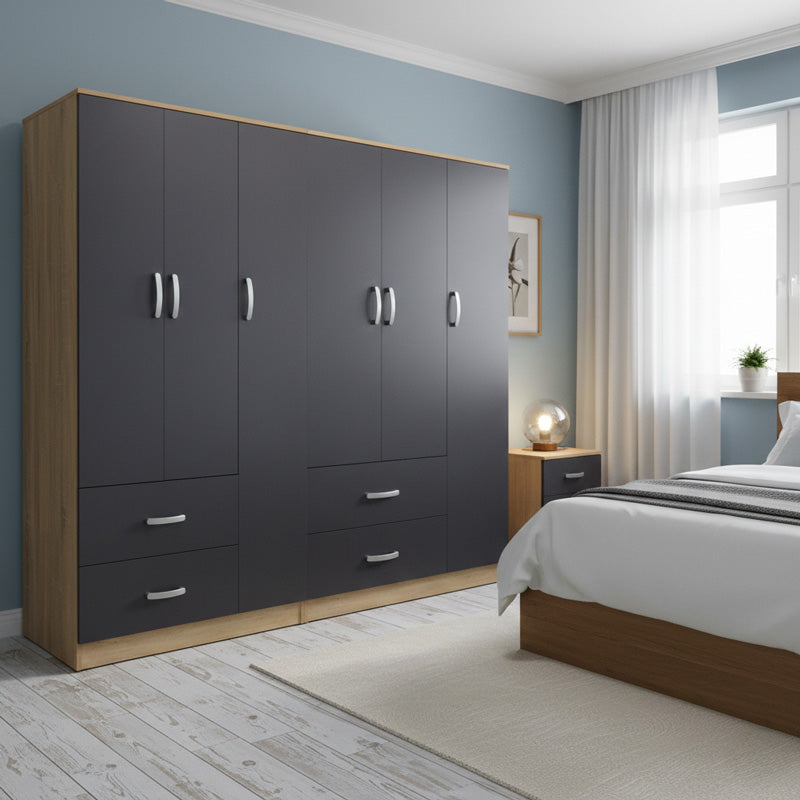 Ντουλάπα εξάφυλλη Athos pakoworld sonoma-ανθρακί 180x42x180εκ