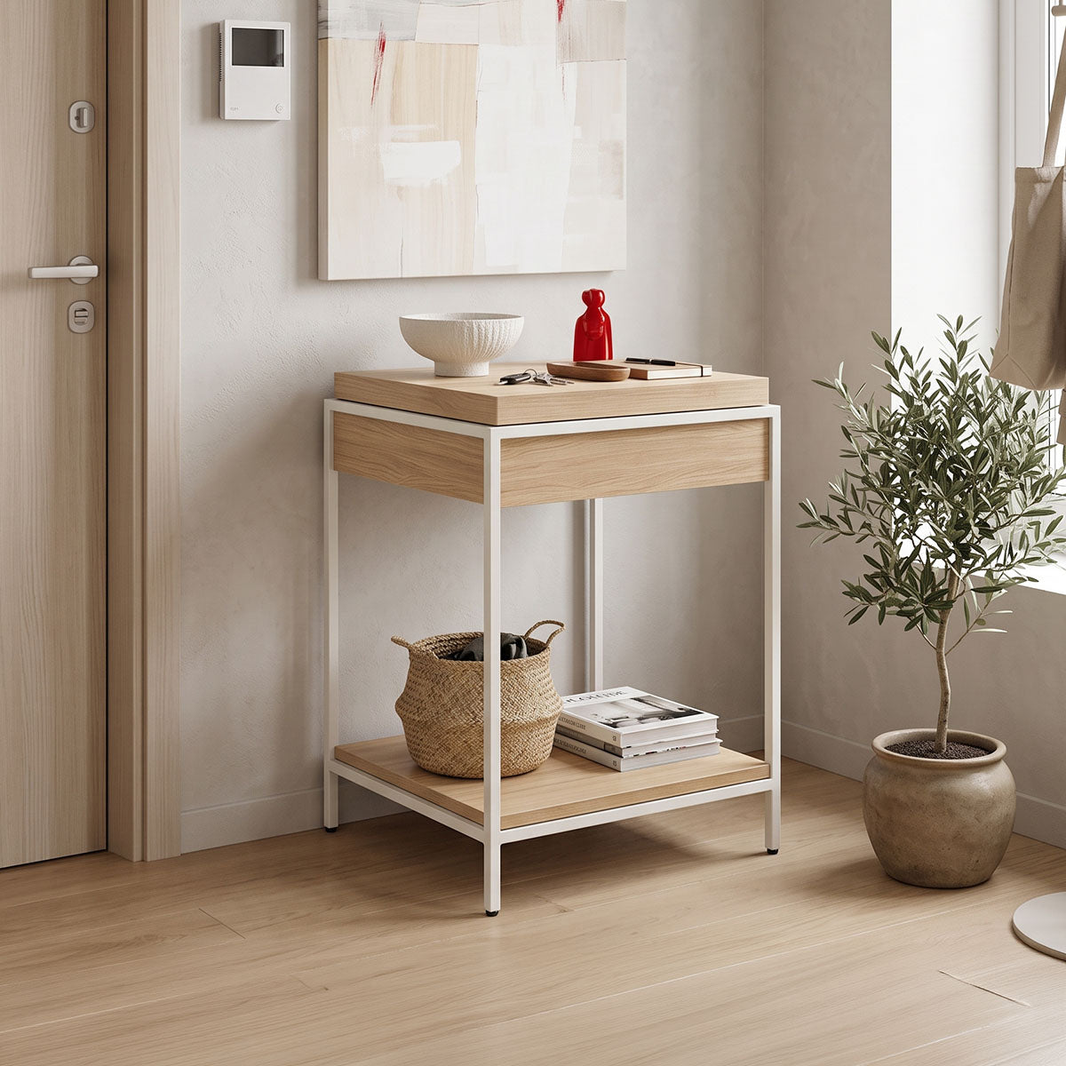 Κονσόλα Odar pakoworld με αποθηκευτικό χώρο sonoma MDF με λευκό μέταλλο 63x63x80εκ